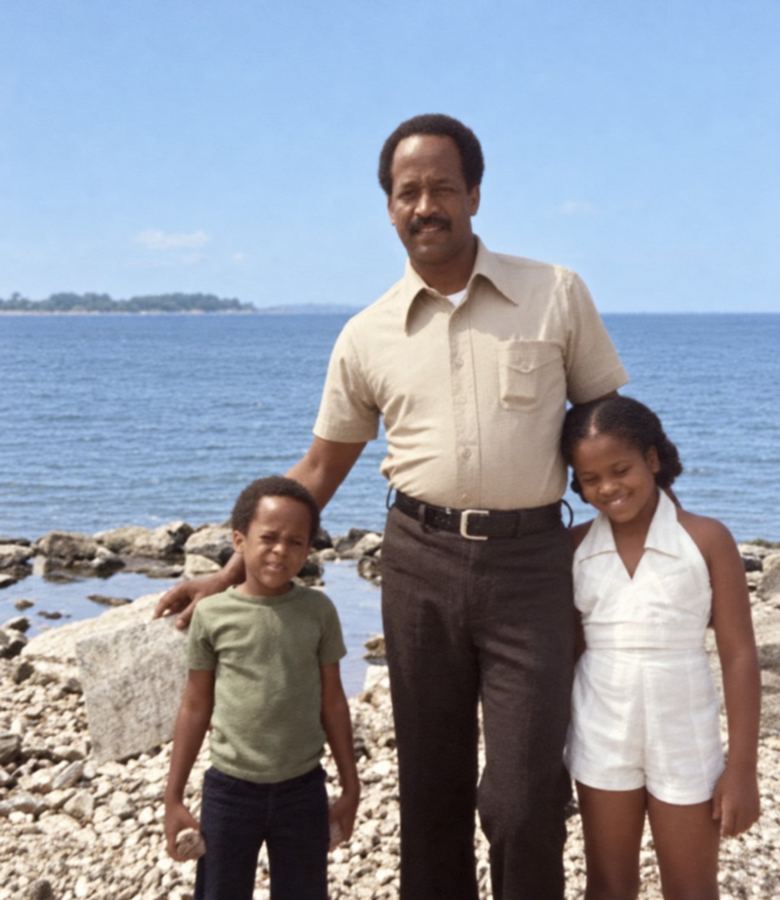Dad with Robert and Karen on the shore, 1970s.